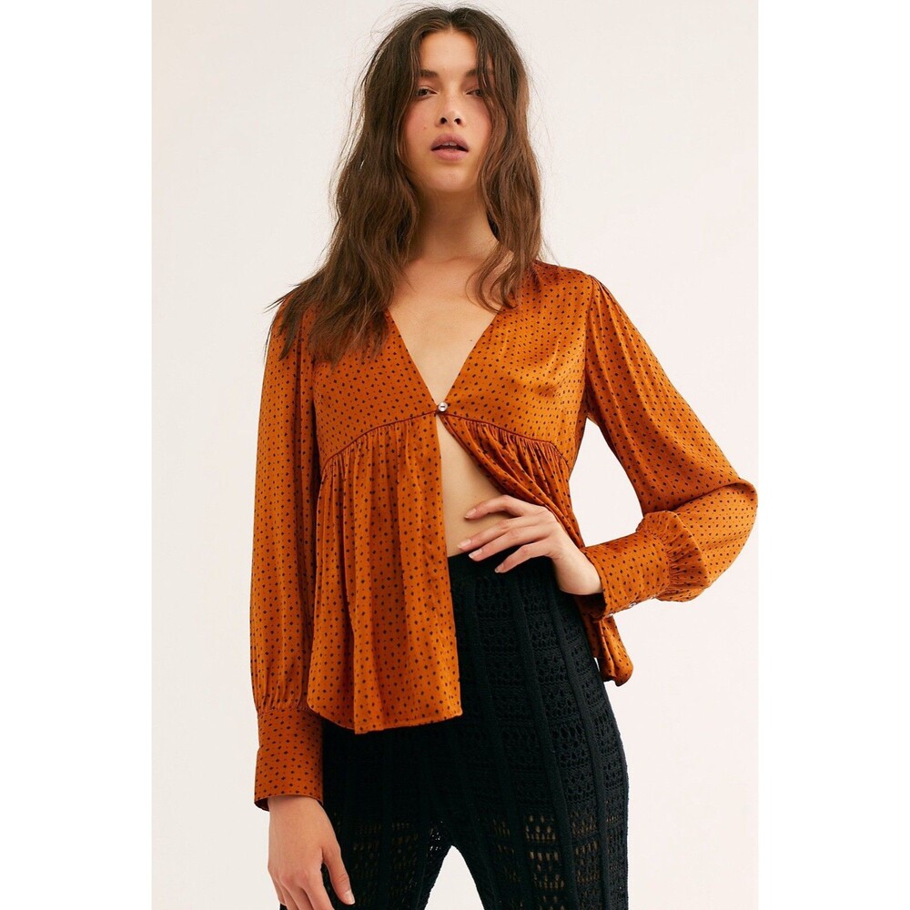 Free People Show Stoppin' Blouse Silk  Sepia Combo SZ M